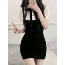 Girly Style Summer New Women's Clothing Sweet and Pure Internet Celebrity Detachable Bow Fake Two-Piece Black and White Splicing Dress Trendy