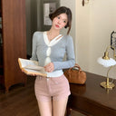 Spice Girls Fake Two-piece V-neck Long-sleeved Knitwear Women's Spring and Autumn Korean-style Hollow-out Slim-fit Single-breasted Short Top