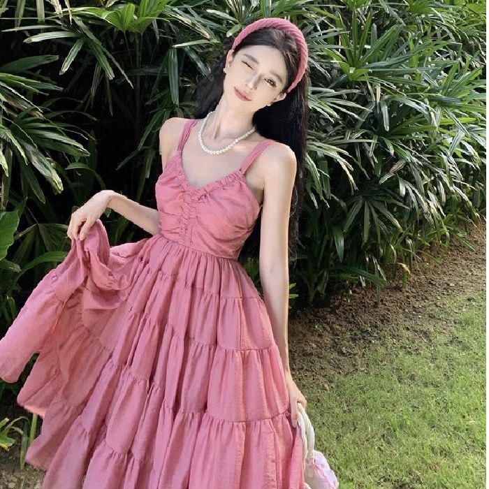 Girl's Summer Romantic First Love Sweet Sling V-neck dress Backless Lace-up Bow Fresh Girly Style