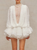 French-Style Socialite Party Dress 2026 Spring New Deep V-Neck Long-Sleeve Ruffled Solid Color Lace Dress for Women