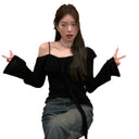 Cross-border Factory Foreign Trade Black Shoulder Slimming Long-sleeved Top Shoulder T-shirt Women's Spring and Autumn Base Shirt