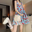 Retro Ruffled Floral Dress with Spaghetti Straps for Women, Summer Loose Slimming Beach Vacation Style Sweet Short Dress