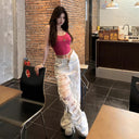 Lace Stitching Ripped Wide Leg Jeans Women's 2025 Summer New Loose Design Sense High Waist Straight Pants