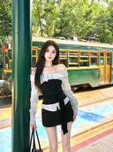 2025 Autumn New Korean Style College Style One-Shoulder Striped Shirt Top with Strap Slim Design Fake Two-Piece Women