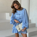 Foreign Trade Cross-Border Women's Clothing 2025 Summer New Fashion Round Neck Buttoned Ruffled Lantern Sleeve Short Dress
