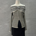 Elegant Off-Shoulder Long-Sleeve T-Shirt for Women, Early Autumn Slim-Fit Base Shirt with Contrasting Color Stripes, Melade Ins