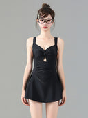 2025 New Swimsuit Women's One-Piece Conservative Belly Covering Slimming Student Fresh Solid Color Skirt Style Small Breast Hot Spring Swimsuit