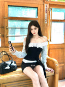 2025 Autumn New Korean Style College Style One-Shoulder Striped Shirt Top with Strap Slim Design Fake Two-Piece Women