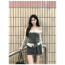 2025 Autumn New Korean Style College Style One-Shoulder Striped Shirt Top with Strap Slim Design Fake Two-Piece Women