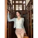 Spice Girls Fake Two-piece V-neck Long-sleeved Knitwear Women's Spring and Autumn Korean-style Hollow-out Slim-fit Single-breasted Short Top