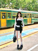 2025 Autumn New Korean Style College Style One-Shoulder Striped Shirt Top with Strap Slim Design Fake Two-Piece Women