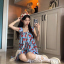Retro Ruffled Floral Dress with Spaghetti Straps for Women, Summer Loose Slimming Beach Vacation Style Sweet Short Dress